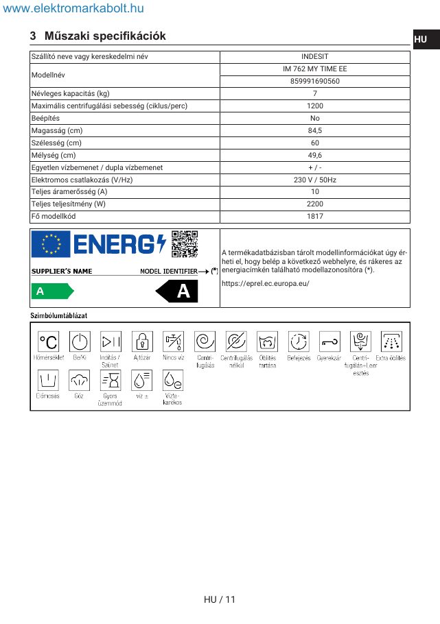 A(z) Indesit IM 762 MY TIME EE eredeti dokumentumának 11. oldala