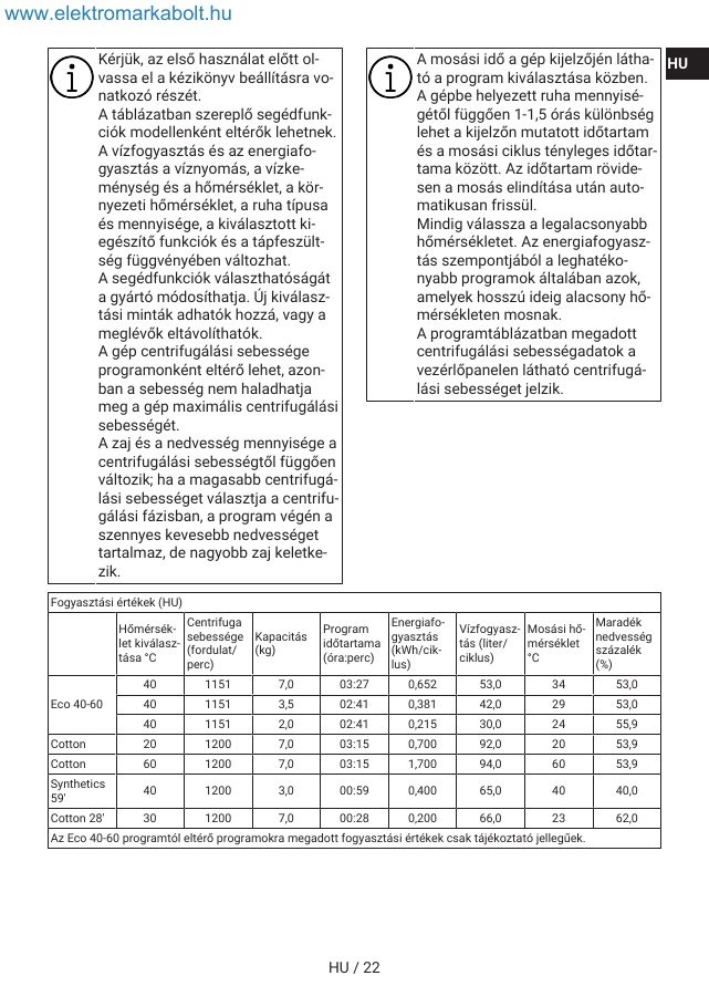 A(z) Indesit IM 762 MY TIME EE eredeti dokumentumának 22. oldala